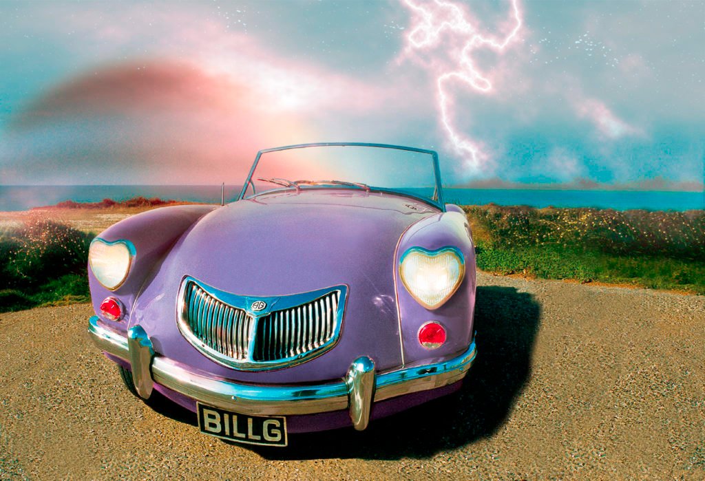 purple MG smiling with hearts for lights, lightning in the background
